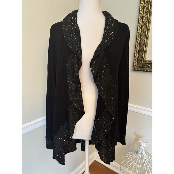 Soft Surroundings Womens Size M Black Open Front Cardigan Sweater Sequin Trim - Picture 1 of 6